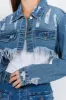 American Bazi Distressed Denim Jacket with Frayed Hem sold by Charming Charlie