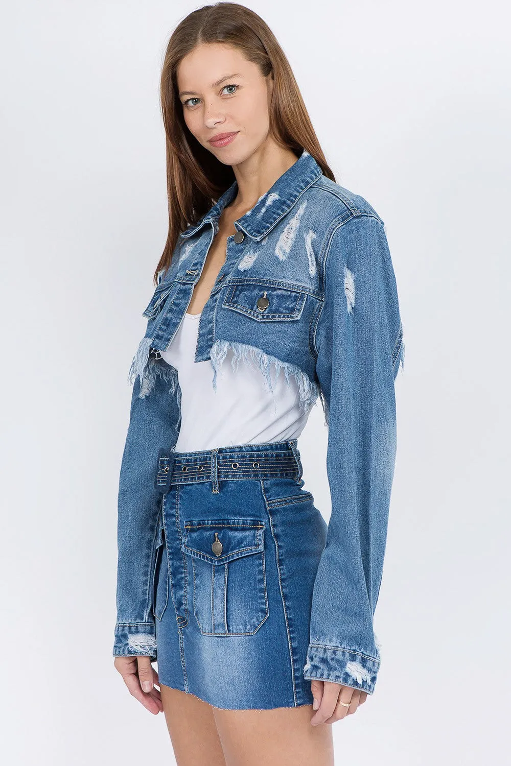 American Bazi Distressed Denim Jacket with Frayed Hem sold by Charming Charlie product image thumbnail 3