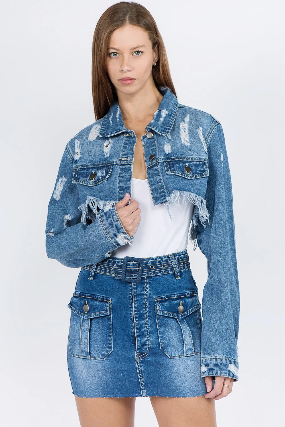 American Bazi Distressed Denim Jacket with Frayed Hem sold by Charming Charlie