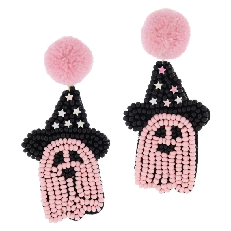 Pink Pom Post with Pink Ghost in Black Witch Hat & Pink Star Accents Earrings, 2.35" Top to Bottom sold by Charming Charlie