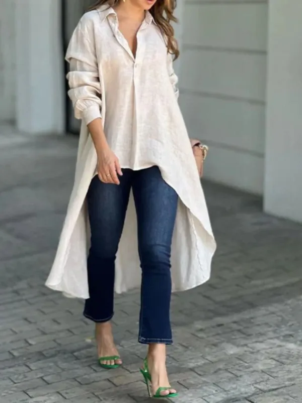 Full Size High-Low Collared Neck Long Sleeve Shirt sold by Charming Charlie