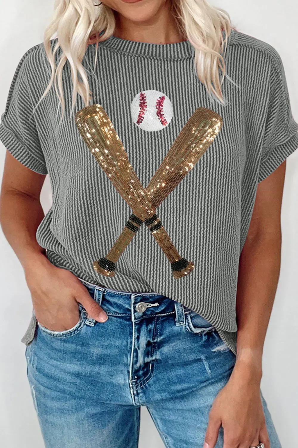 Sequin Baseball Round Neck Short Sleeve T-Shirt sold by Charming Charlie