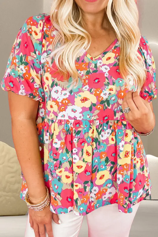 Peplum Floral V-Neck Short Sleeve Blouse sold by Charming Charlie