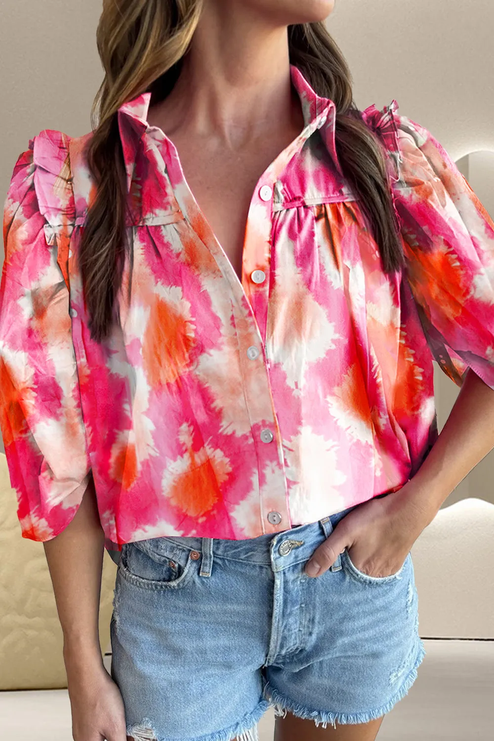 Frill Contrast Print Collared Neck Half Sleeve Shirt sold by Charming Charlie