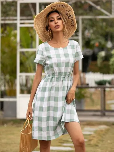 Smocked Plaid Round Neck Short Sleeve Dress sold by Charming Charlie product image thumbnail 3