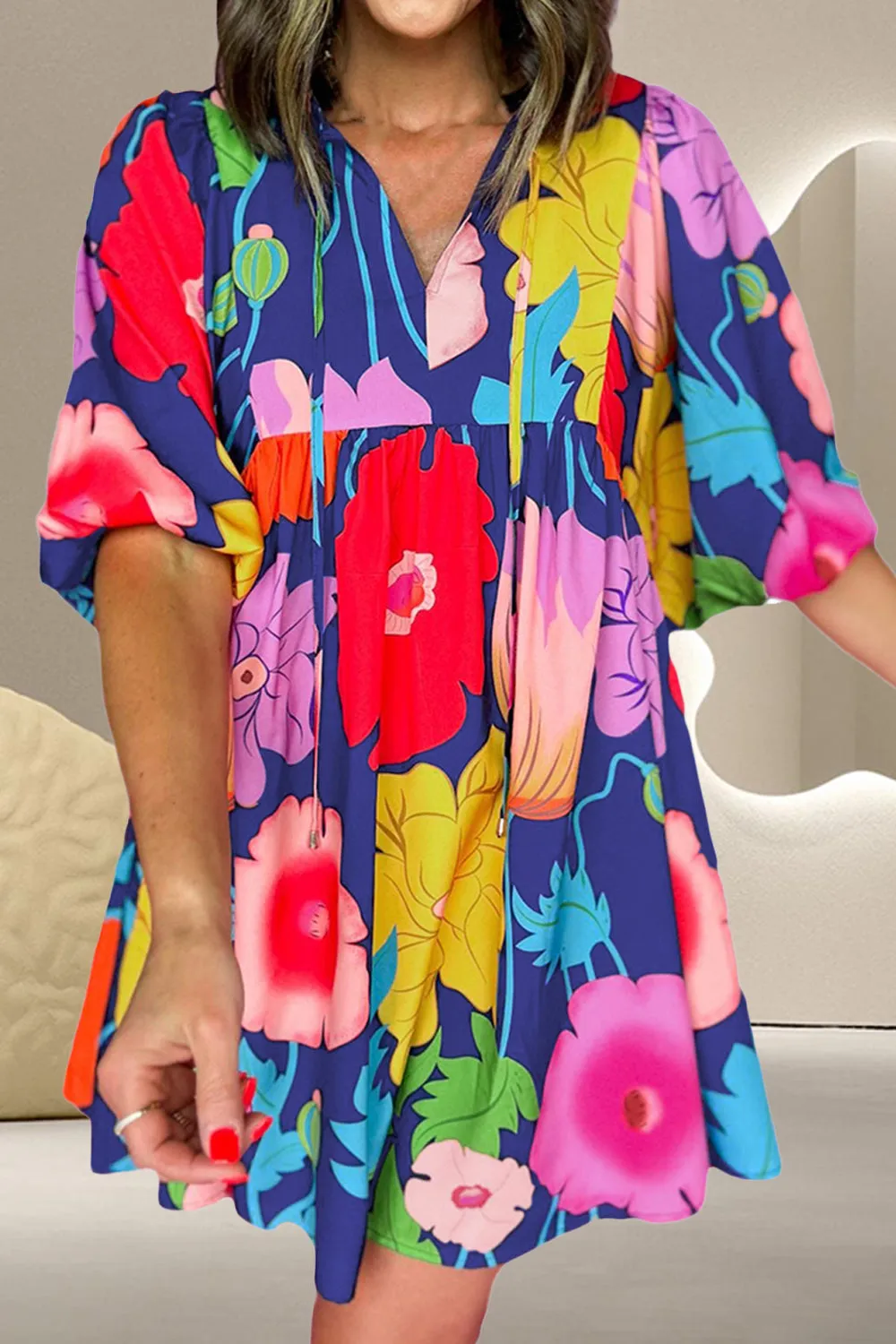 Printed Tie Neck Half Sleeve Mini Dress sold by Charming Charlie