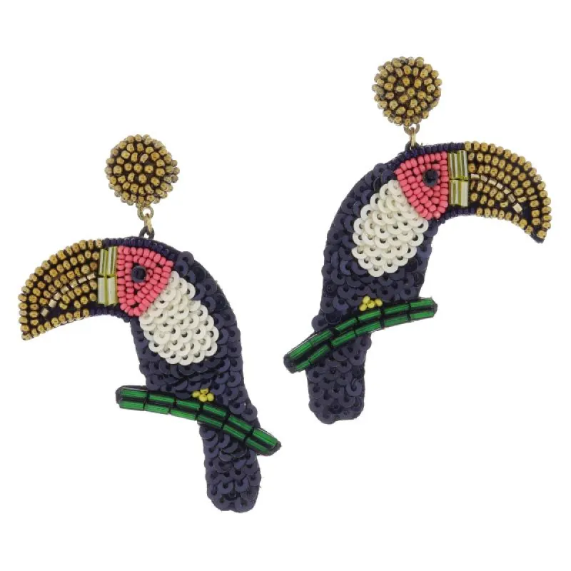 Bronze Beaded Post with Multi Sequin and Beaded Toucan Earrings, 2.75" Top to Bottom sold by Charming Charlie