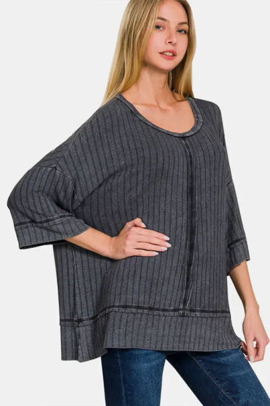 Zenana Washed Ribbed Drop Shoulder Half Sleeve Top sold by Charming Charlie