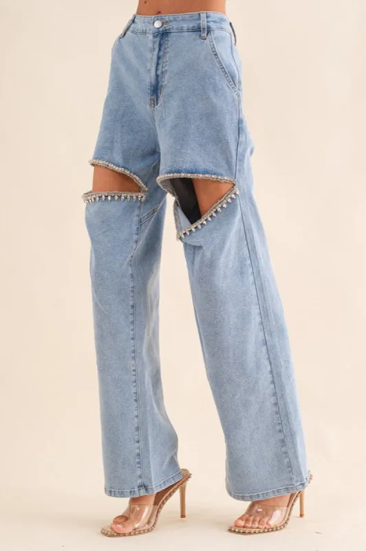 Washed Denim Cut Front Rhinestone Jeans sold by Charming Charlie