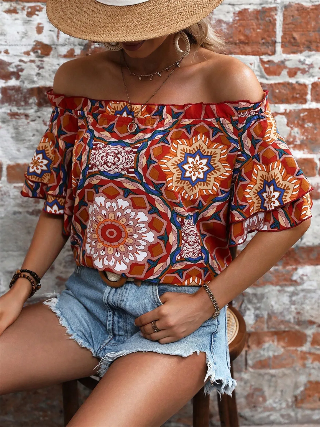 Printed Off-Shoulder Half Sleeve Blouse sold by Charming Charlie product image thumbnail 5