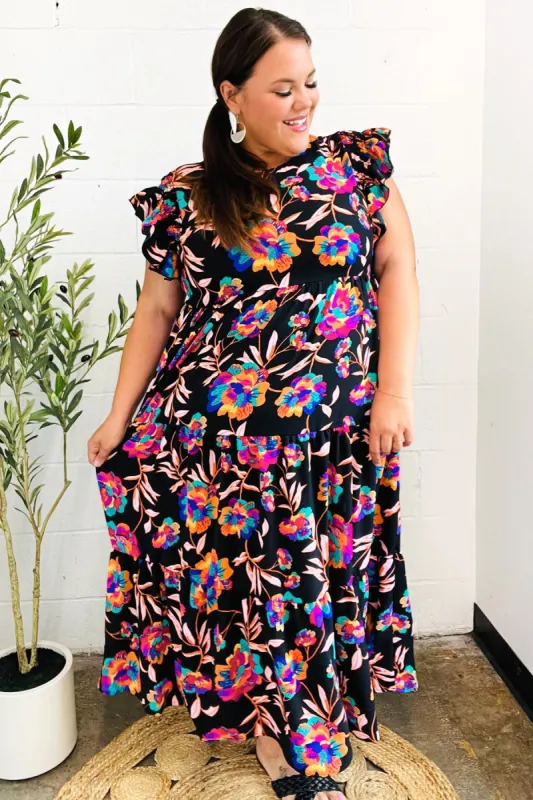 Just A Dream Black Floral Print Smocked Ruffle Sleeve Maxi Dress sold by Charming Charlie