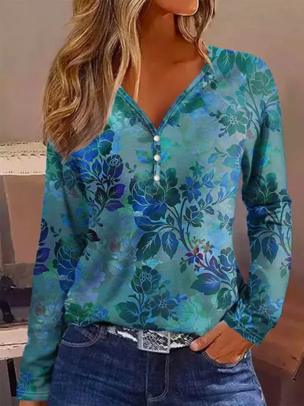 Printed V-Neck Long Sleeve Blouse sold by Charming Charlie