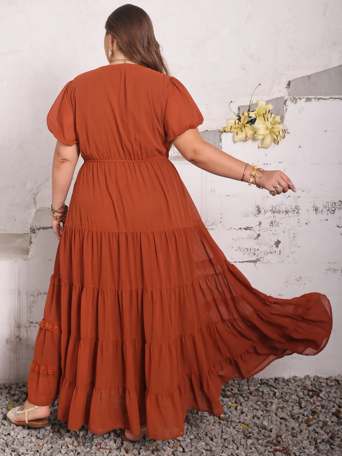 Plus Size Ruched Lace Detail V-Neck Short Sleeve Dress sold by Charming Charlie product image thumbnail 2