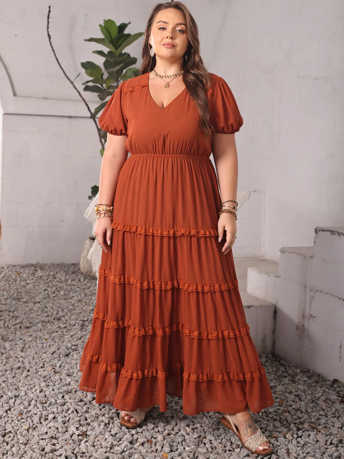 Plus Size Ruched Lace Detail V-Neck Short Sleeve Dress sold by Charming Charlie