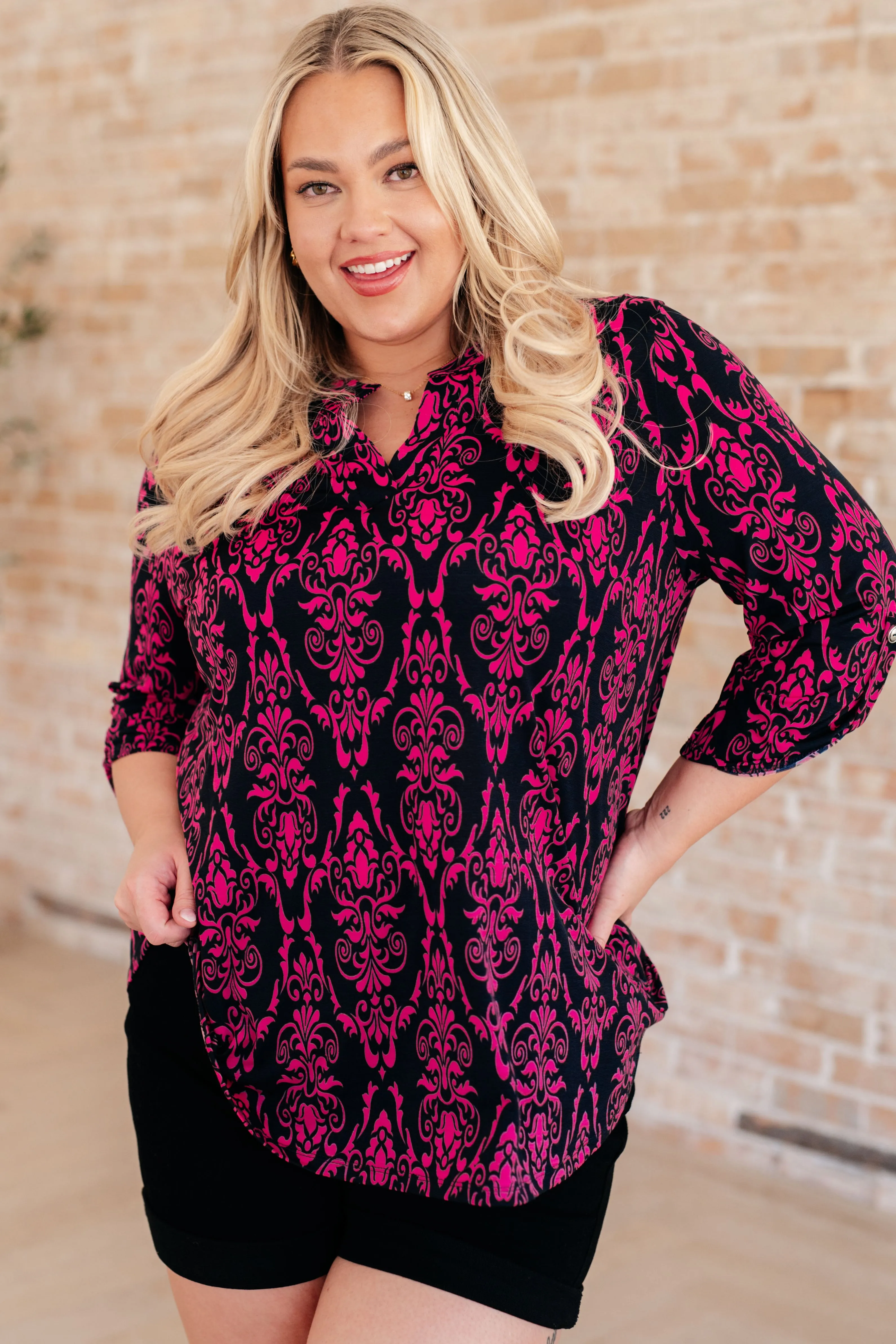 Lizzy Top in Navy and Hot Pink Damask sold by Charming Charlie