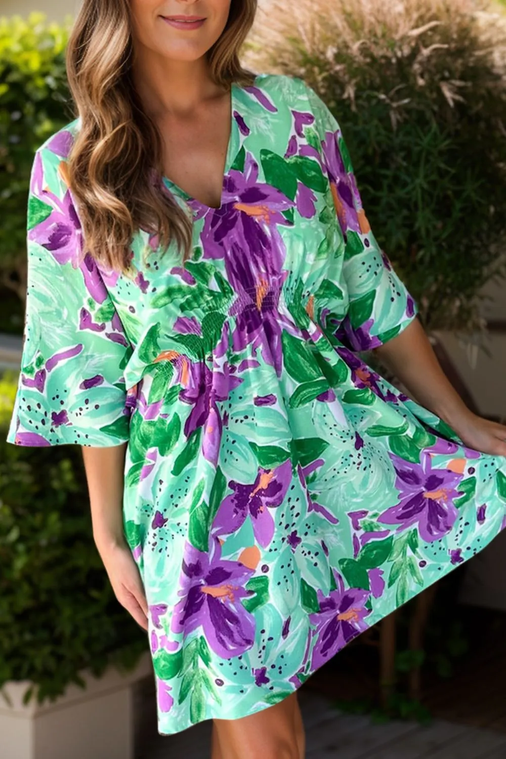 Printed V-Neck Half Sleeve Mini Dress sold by Charming Charlie