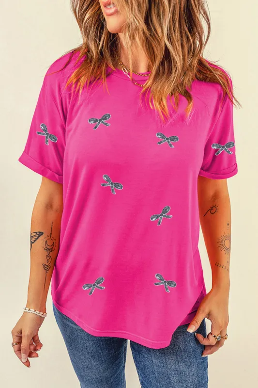 Sequin Bow Round Neck Short Sleeve T-Shirt sold by Charming Charlie