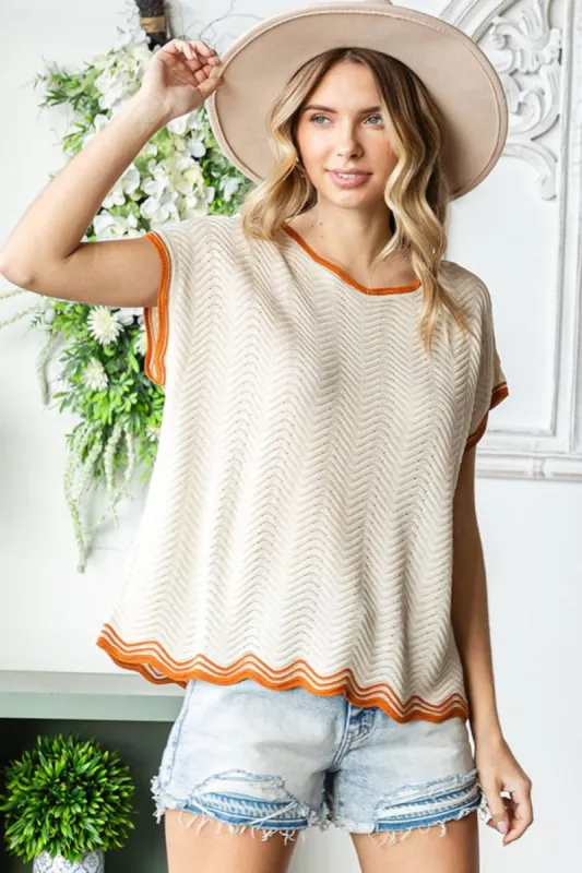 First Love Full Size Contrast Wavy Crochet Drop Shoulder Knit Top sold by Charming Charlie