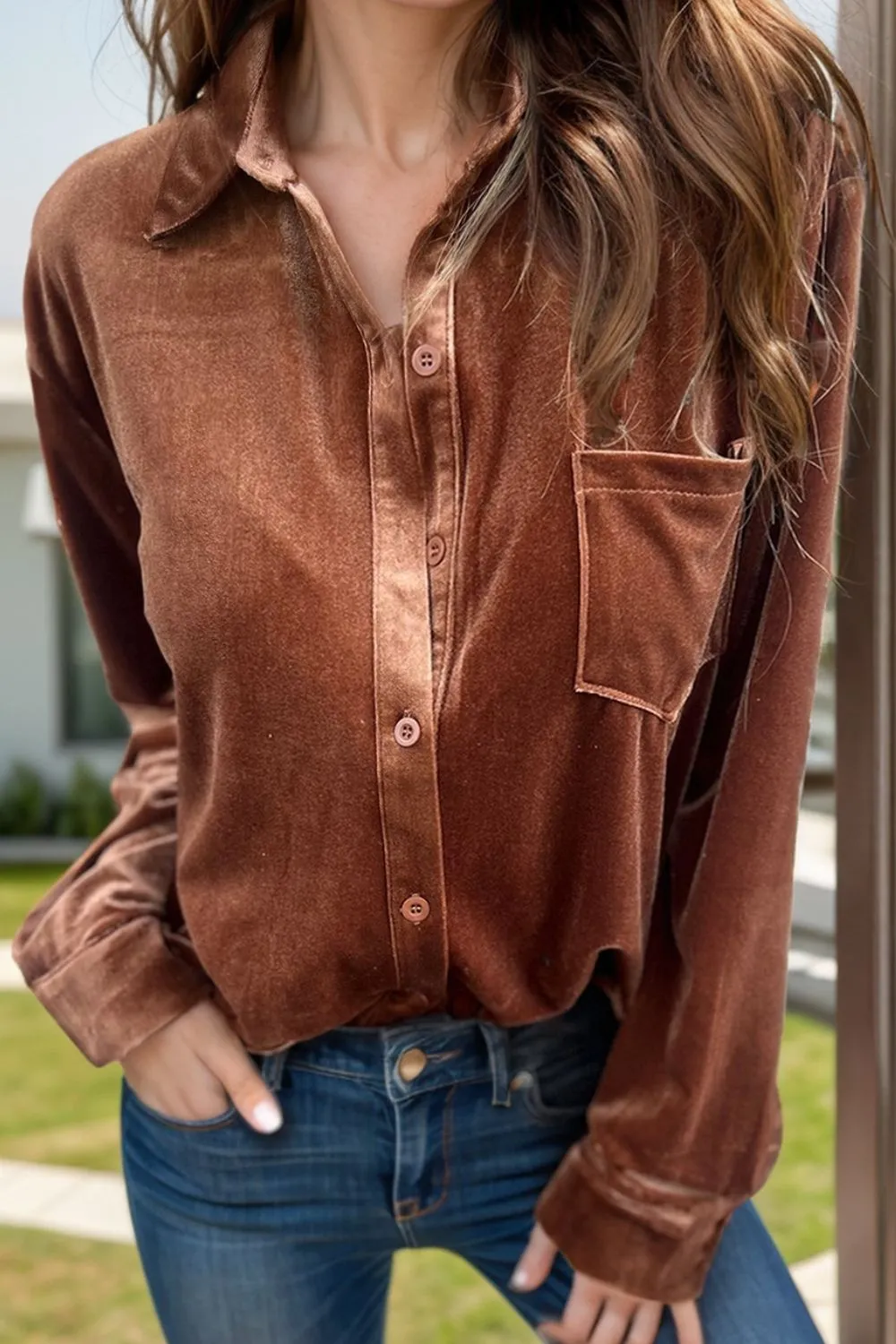 Pocketed Collared Neck Long Sleeve Shirt sold by Charming Charlie