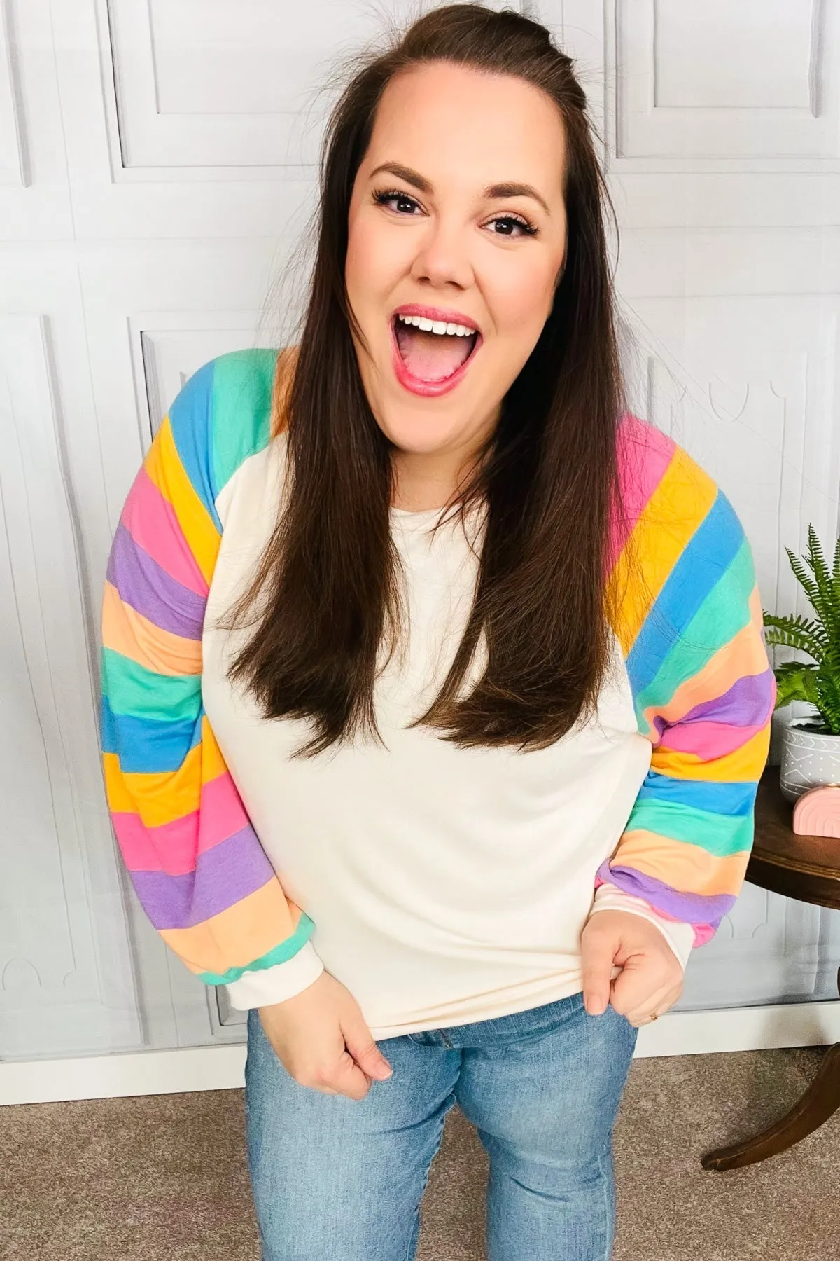 Just For You Rainbow Bubble Sleeve Terry Raglan Top sold by Charming Charlie