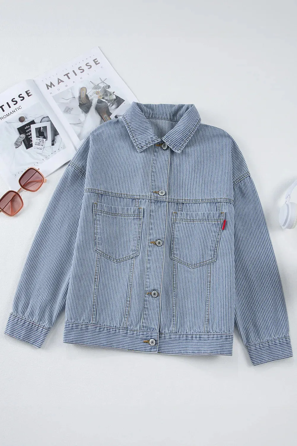Striped Button Up Long Sleeve Denim Jacket sold by Charming Charlie product image thumbnail 5