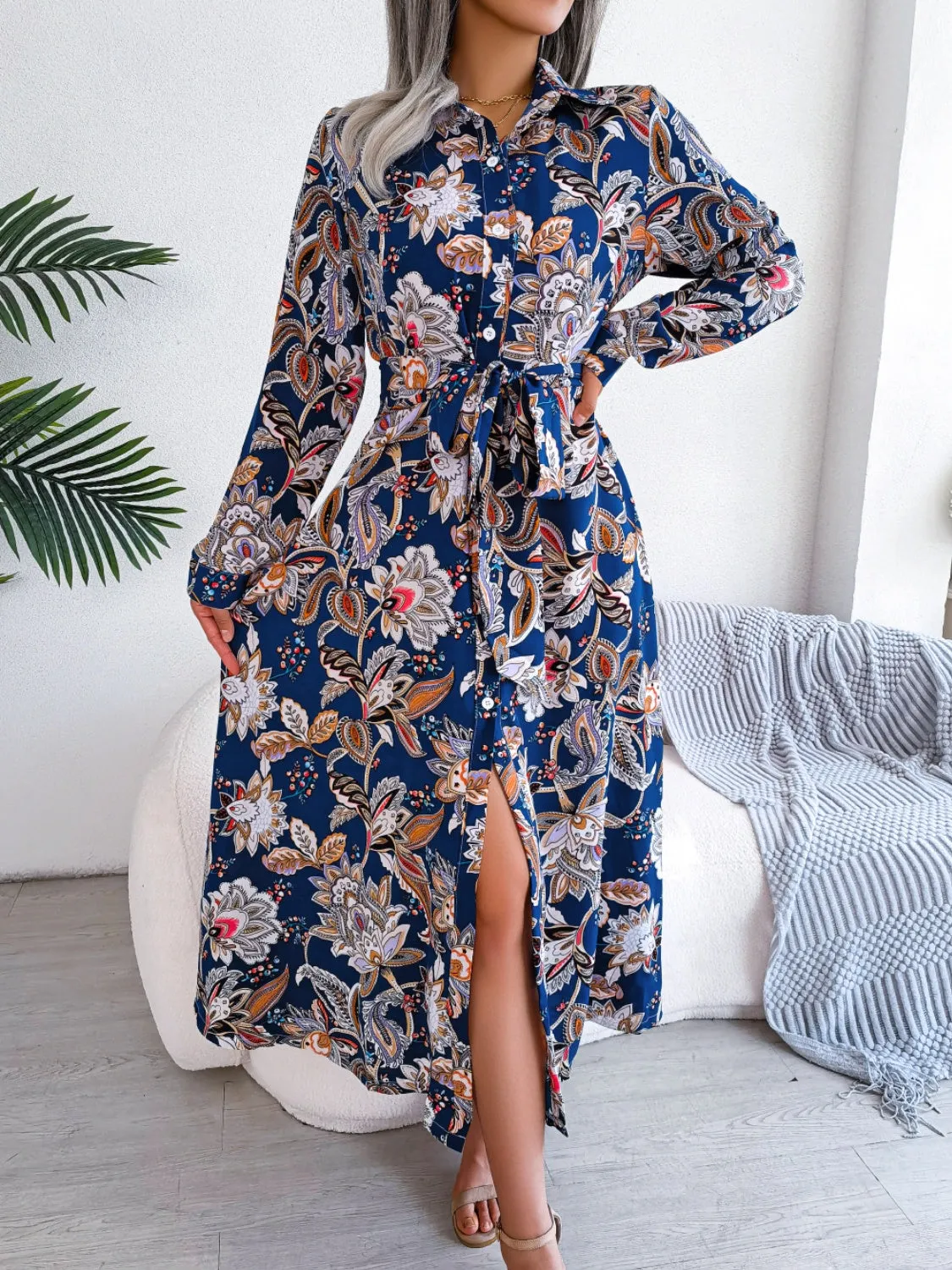 Tied Printed Long Sleeve Midi Dress sold by Charming Charlie