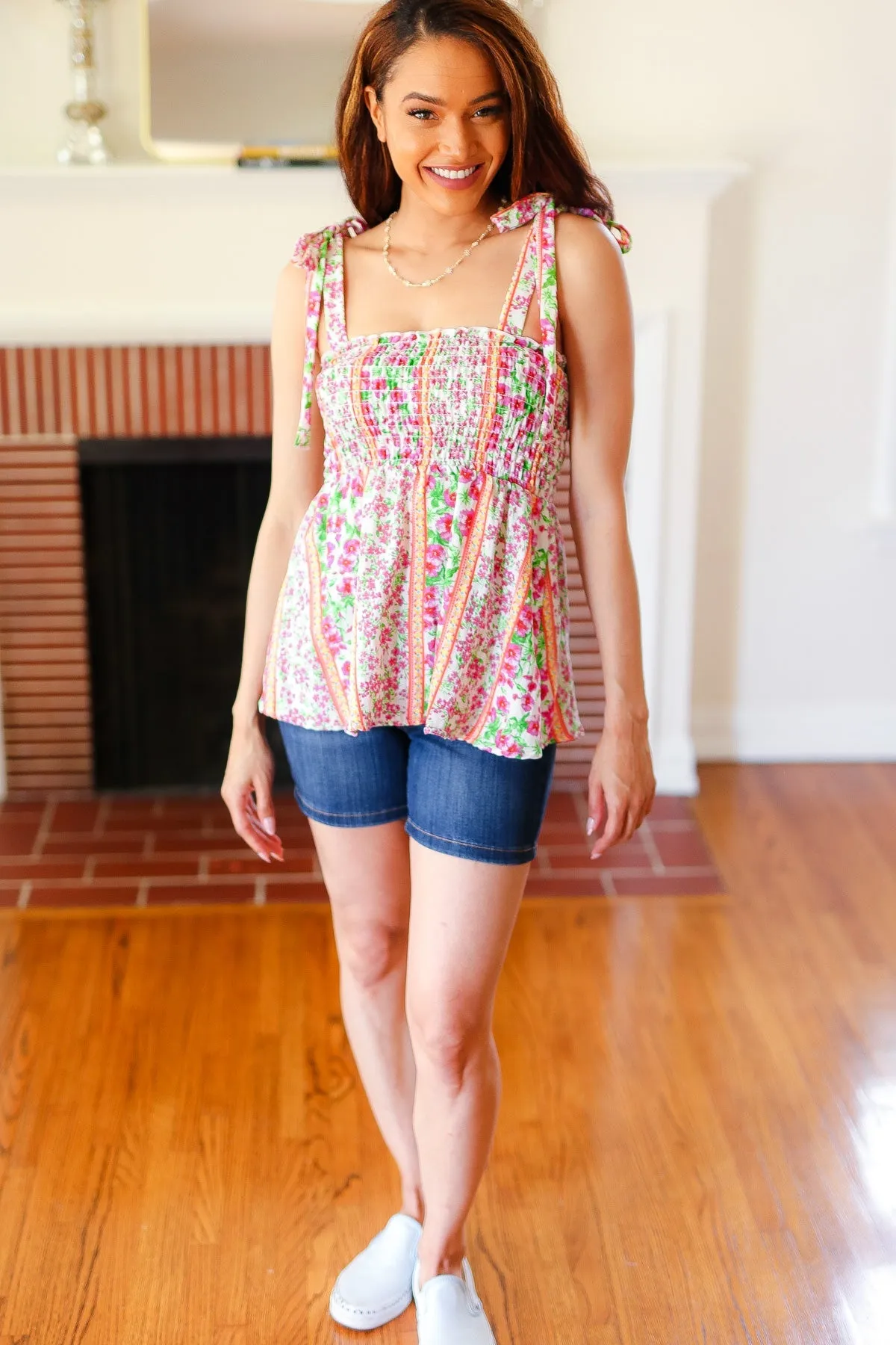 Summer Days Ivory & Fuchsia Floral Smocked Shoulder Tie Top sold by Charming Charlie product image thumbnail 3