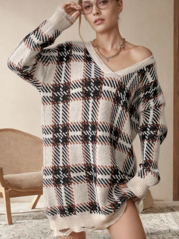 Distressed Plaid V-Neck Long Sleeve Sweater Dress sold by Charming Charlie