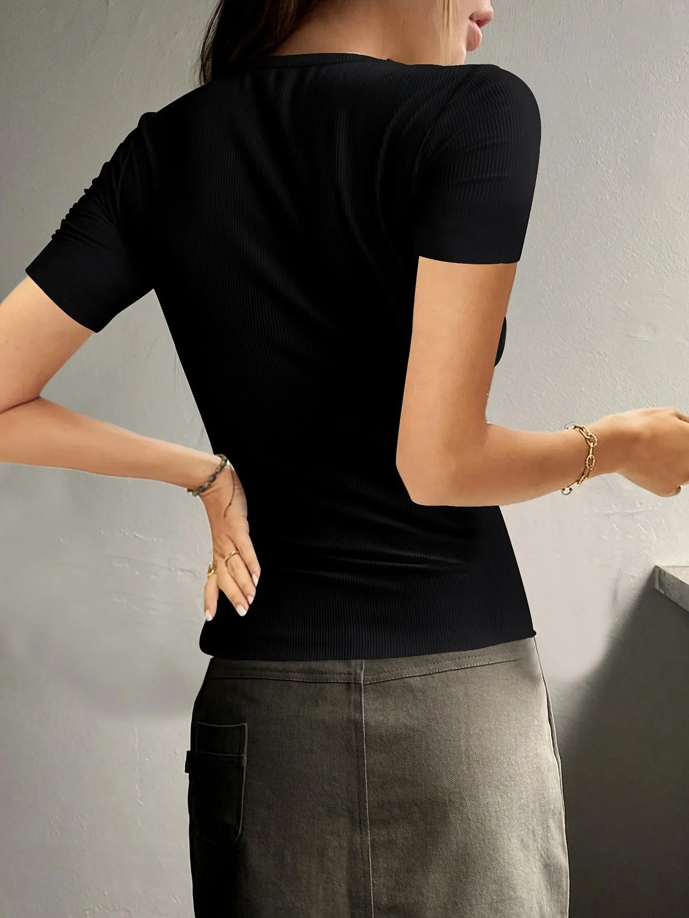 Round Neck Quarter Button Short Sleeve Top sold by Charming Charlie product image thumbnail 5