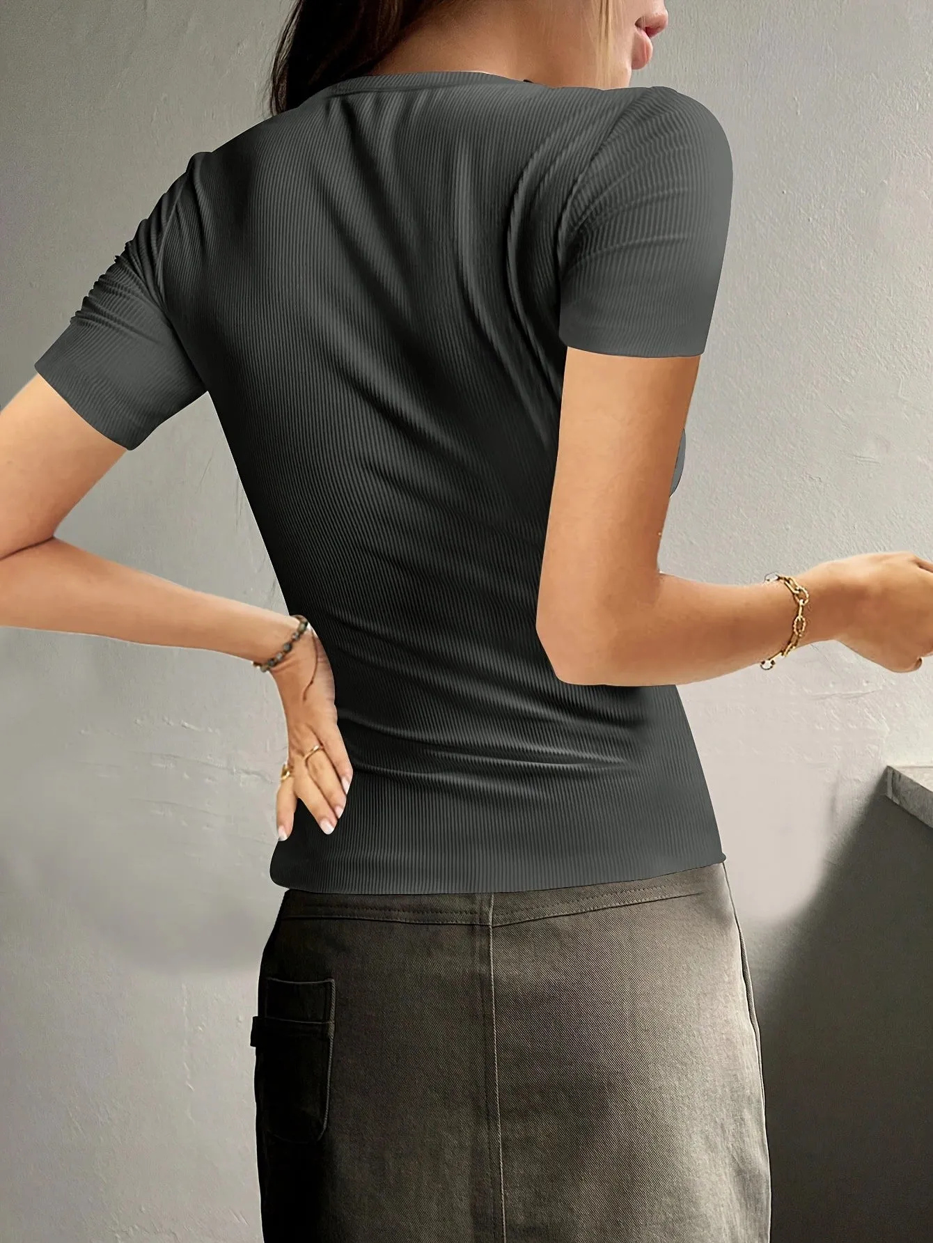 Round Neck Quarter Button Short Sleeve Top sold by Charming Charlie product image thumbnail 2