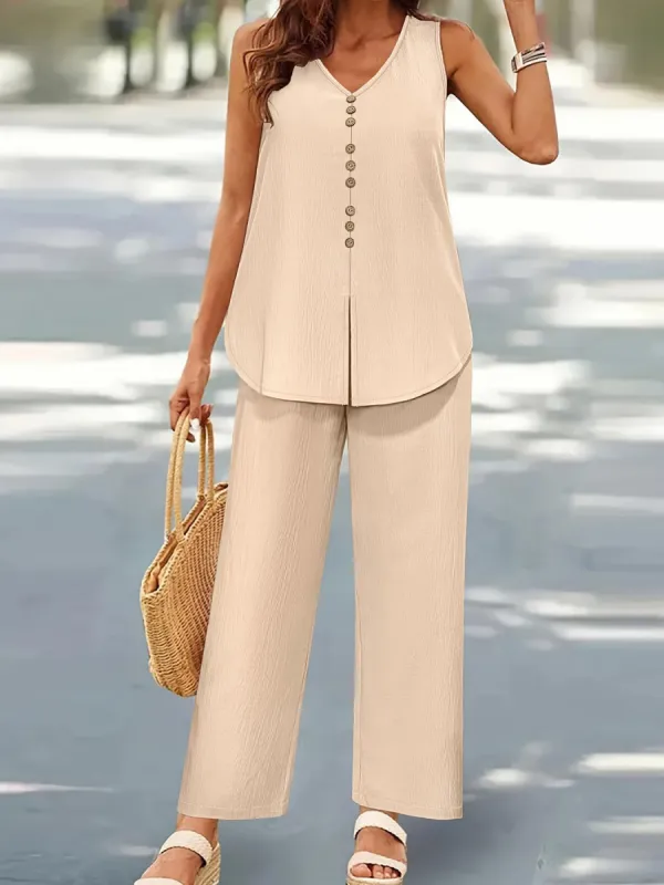 Plus Size Decorative Button V-Neck Top and Pants Set sold by Charming Charlie