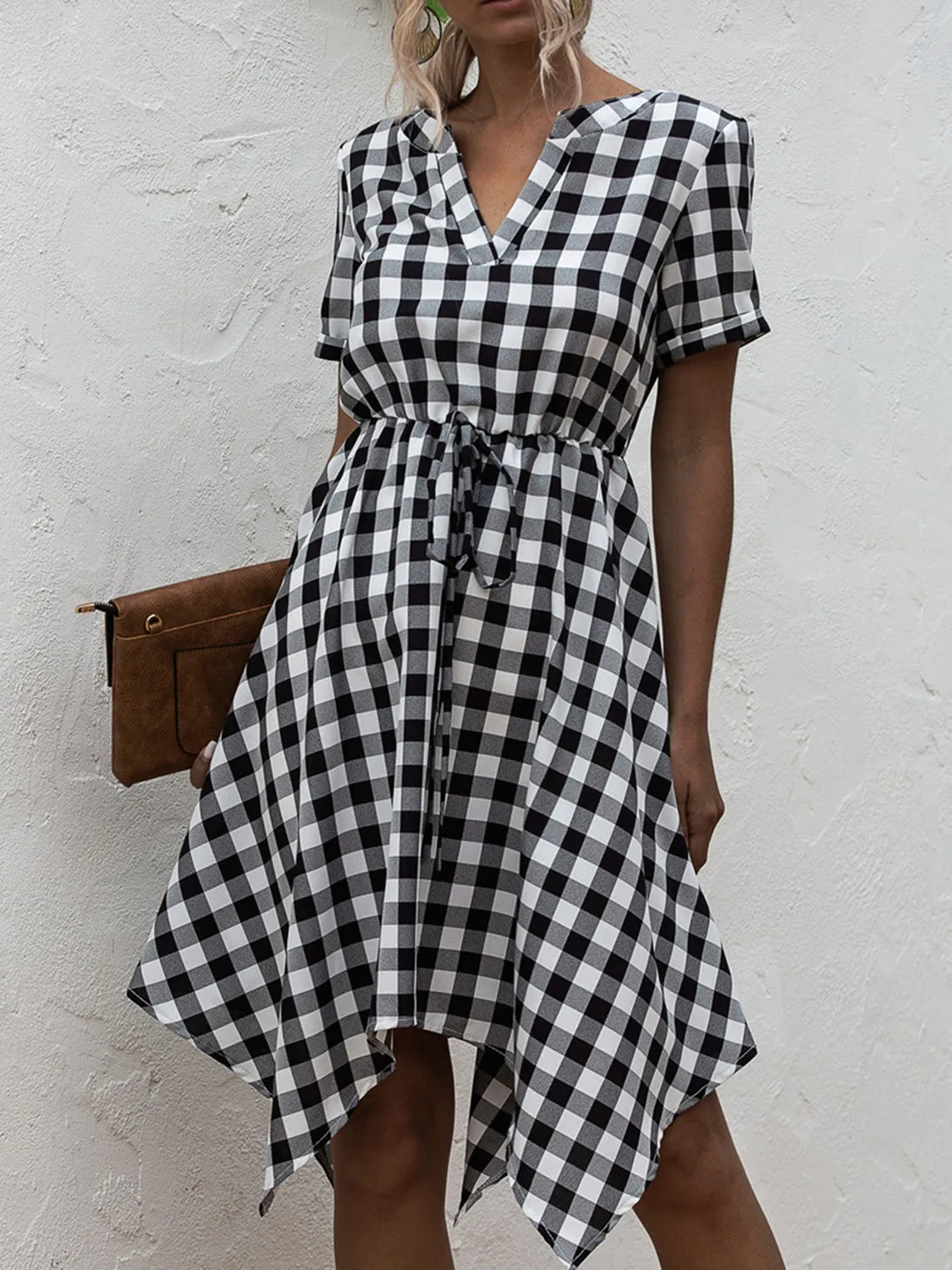 Plaid Notched Short Sleeve Dress sold by Charming Charlie product image thumbnail 4