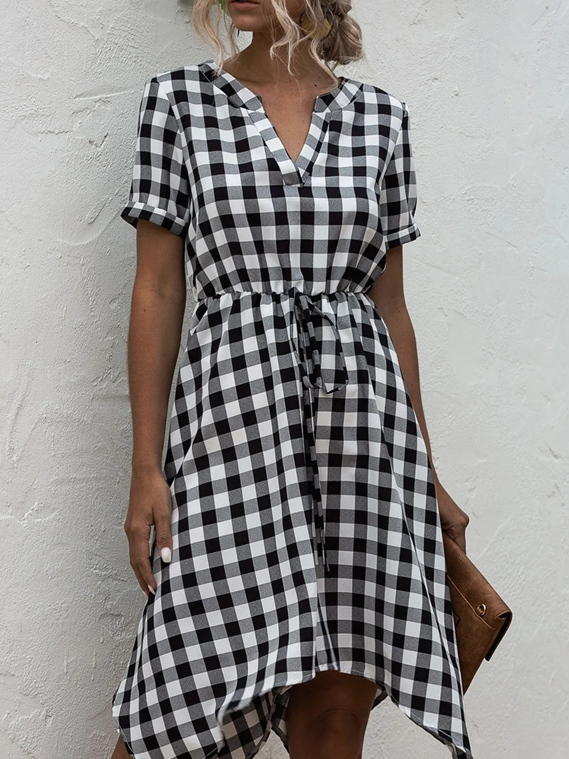 Plaid Notched Short Sleeve Dress sold by Charming Charlie