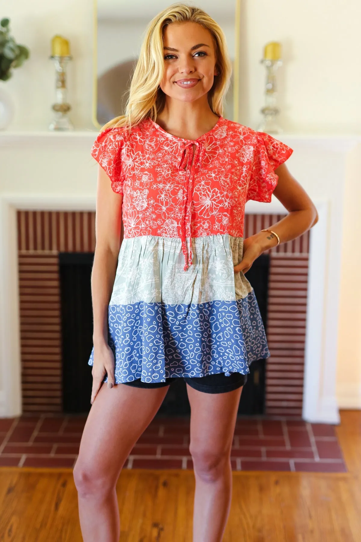 Red & Blue Color Block Tiered Tie Neck Top sold by Charming Charlie product image thumbnail 3