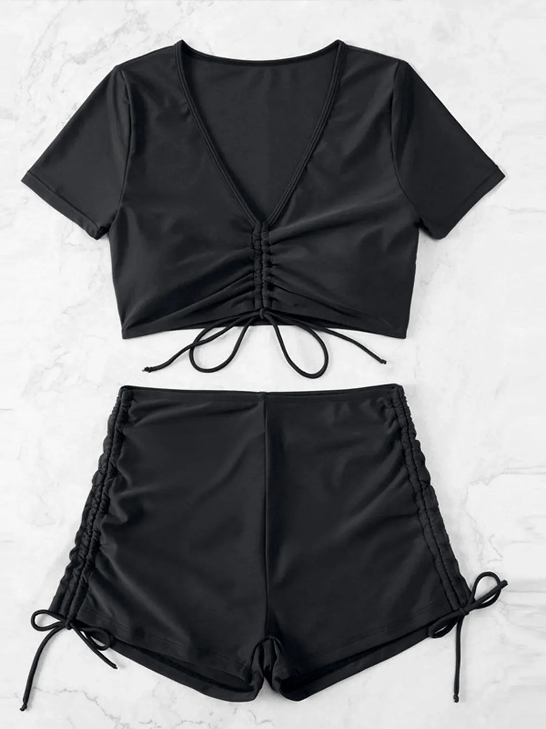 Drawstring V-Neck Short Sleeve Two-Piece Swim Set sold by Charming Charlie product image thumbnail 2