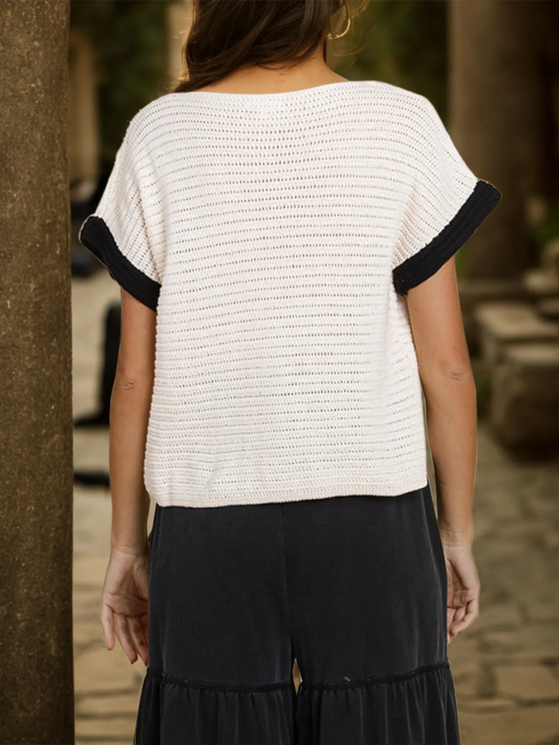 Full Size Openwork Flower Boat Neck Short Sleeve Knit Top sold by Charming Charlie product image thumbnail 2