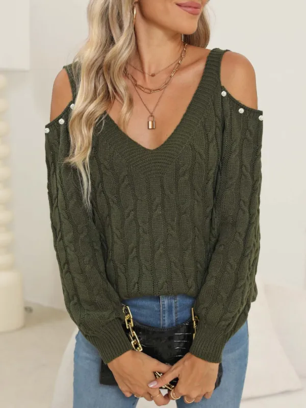 Cable-Knit Cold Shoulder Sweater sold by Charming Charlie