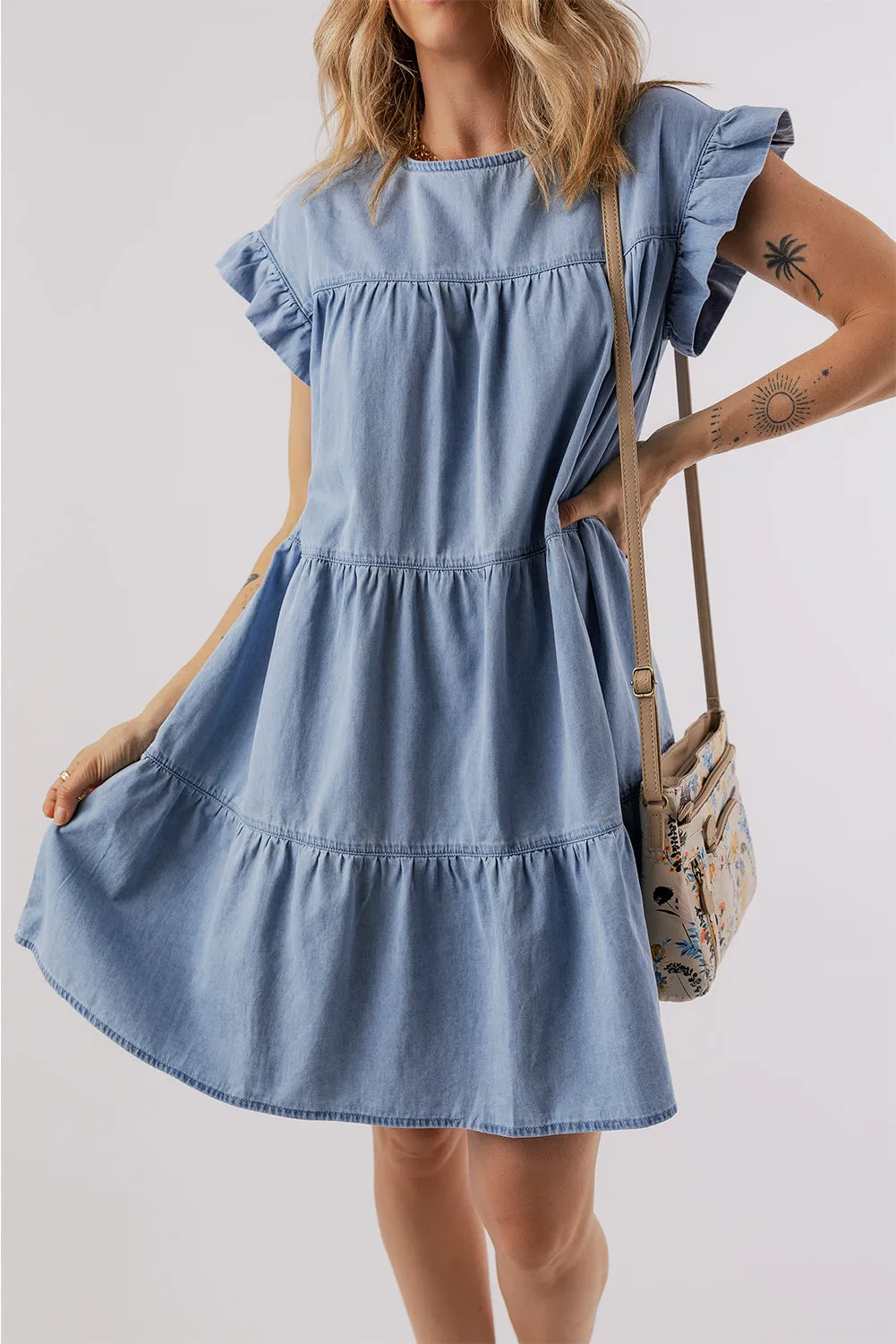 Ruffled Round Neck Cap Sleeve Denim Dress sold by Charming Charlie