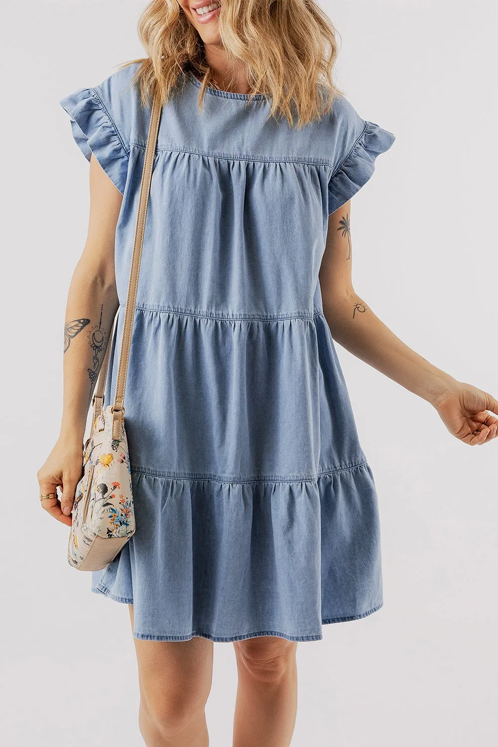 Ruffled Round Neck Cap Sleeve Denim Dress sold by Charming Charlie product image thumbnail 2
