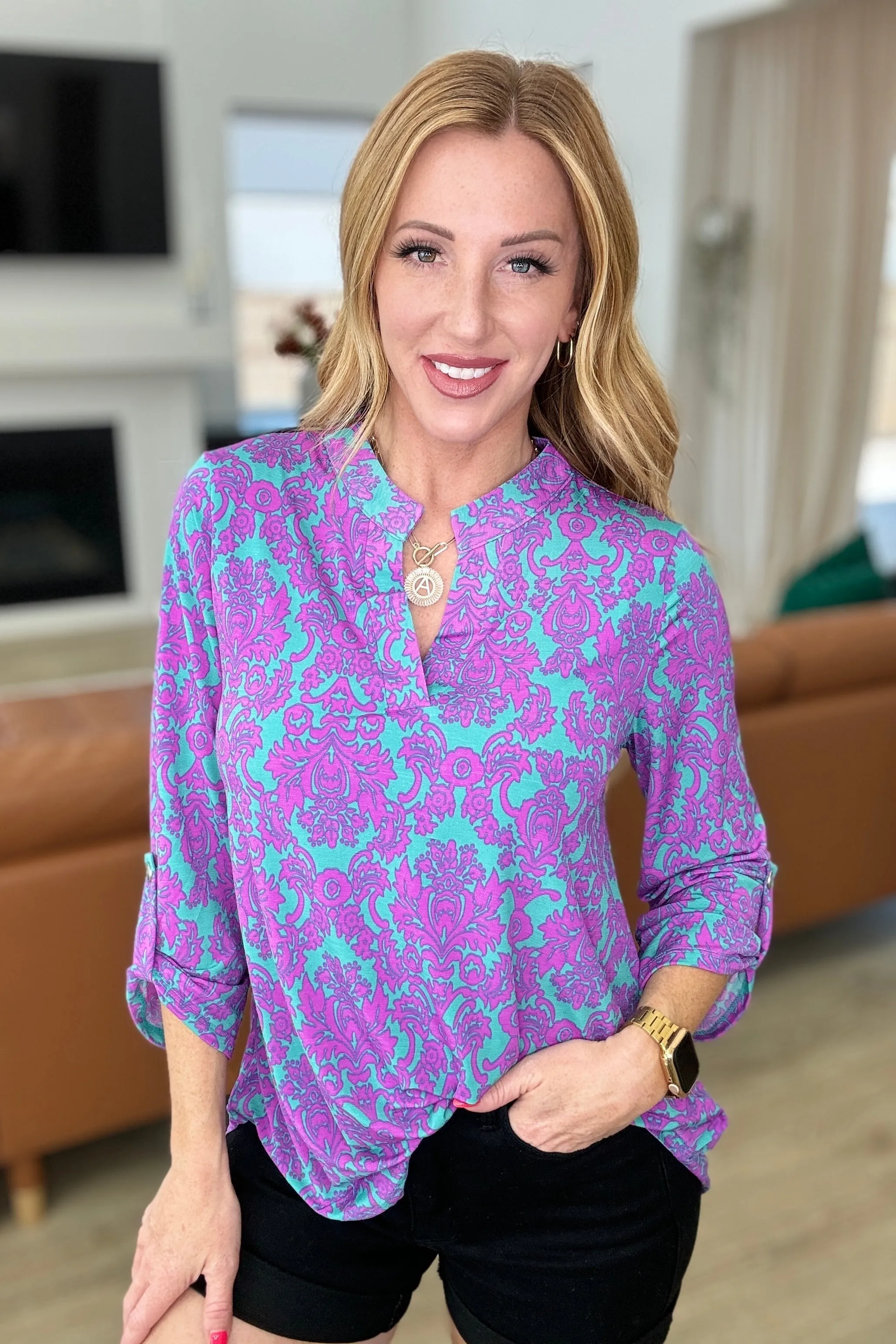 Lizzy Top in Teal and Magenta Damask sold by Charming Charlie product image thumbnail 3