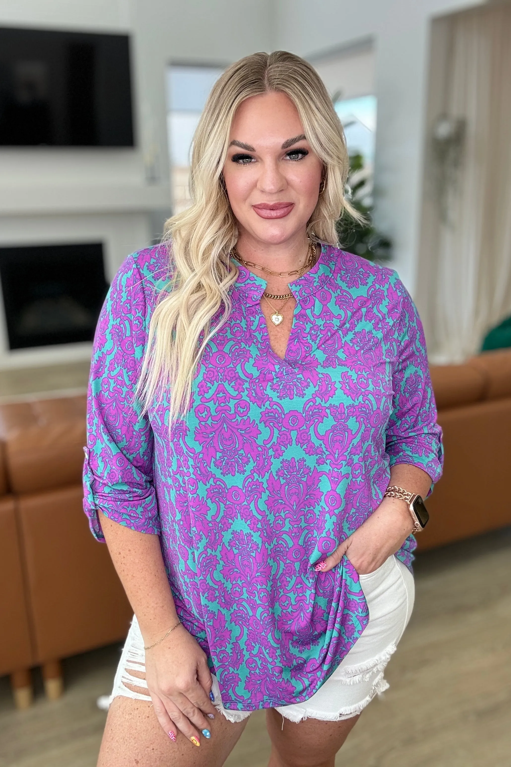 Lizzy Top in Teal and Magenta Damask sold by Charming Charlie