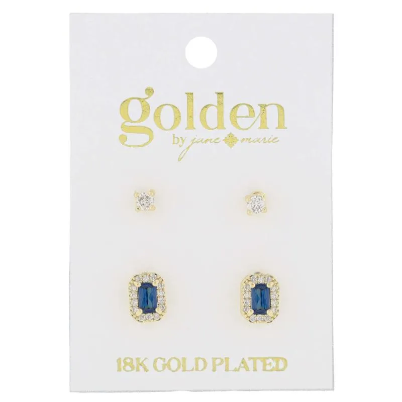 18K Gold Plated 2 Stud Set, Crystal, Sapphire Baguette Earrings, .15", .35" Top to Bottom sold by Charming Charlie
