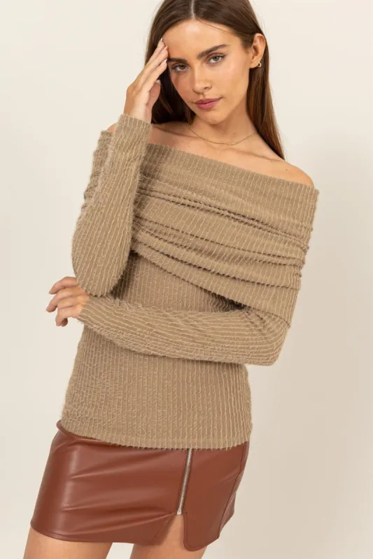HYFVE Fuzzy Off Shoulder Textured Knit Top sold by Charming Charlie