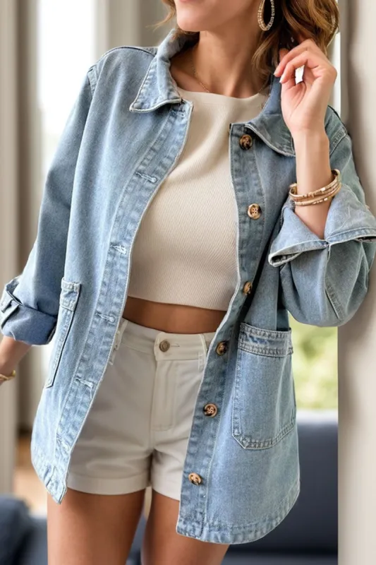 Pocketed Button Up Long Sleeve Denim Jacket sold by Charming Charlie