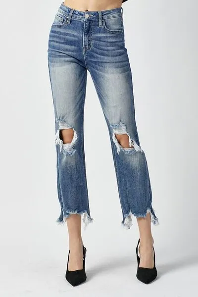 RISEN High Waist Distressed Frayed Hem Cropped Straight Jeans sold by Charming Charlie