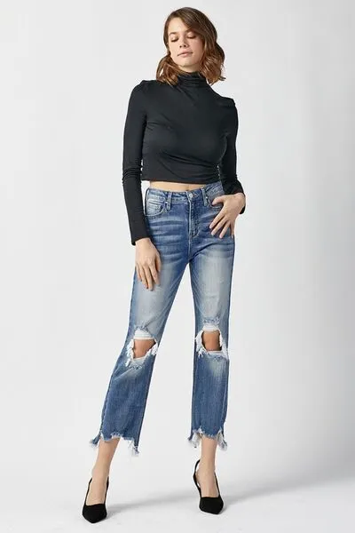 RISEN High Waist Distressed Frayed Hem Cropped Straight Jeans sold by Charming Charlie product image thumbnail 5
