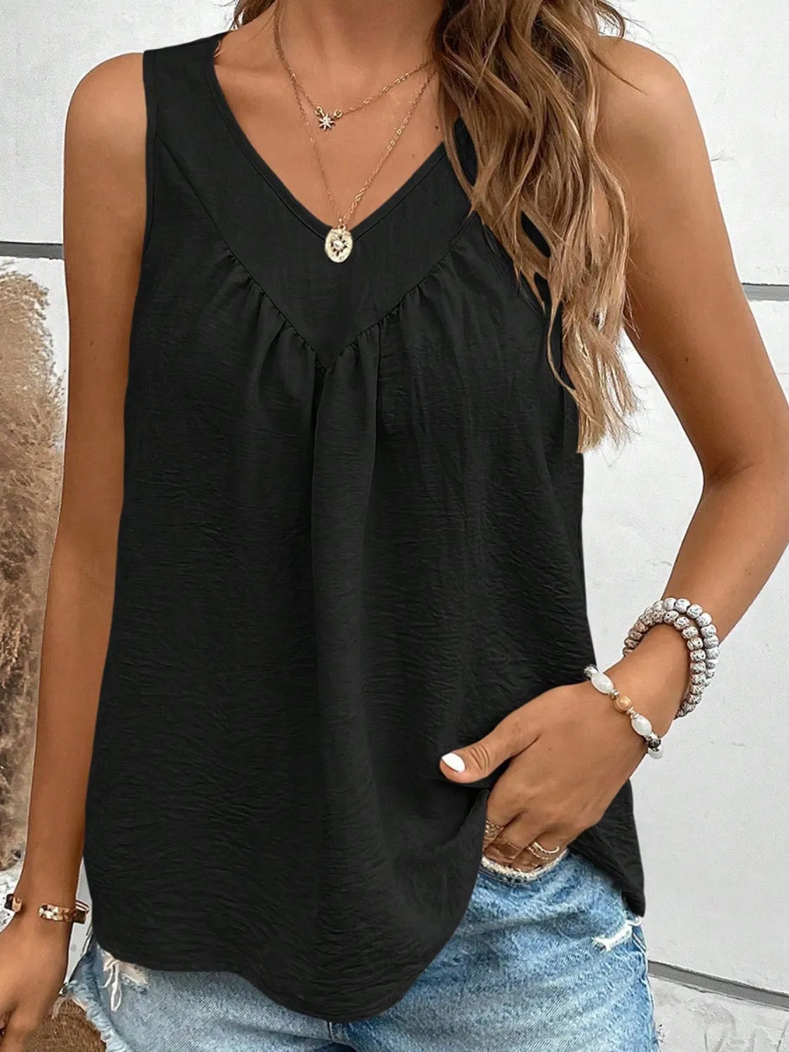 Ruched V-Neck Wide Strap Tank sold by Charming Charlie