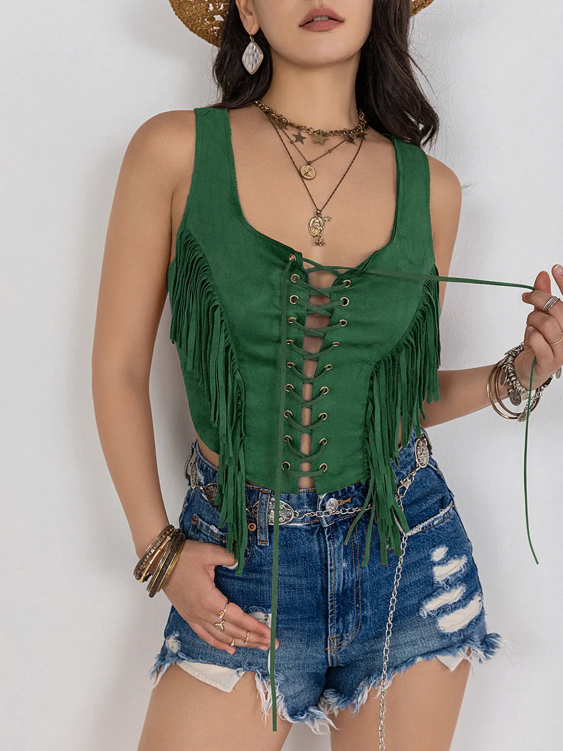 Fringe Lace-Up Wide Strap Tank sold by Charming Charlie
