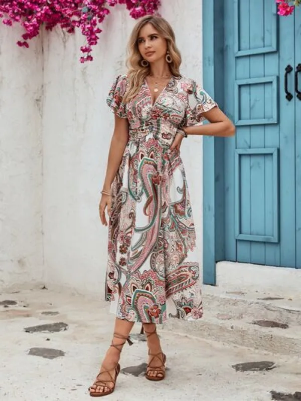Ruched Printed V-Neck Short Sleeve Dress sold by Charming Charlie