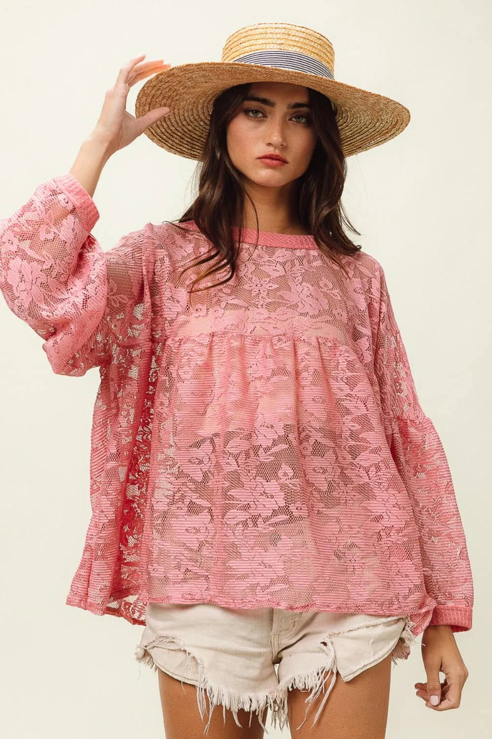 BiBi Floral Lace Long Sleeve Top sold by Charming Charlie